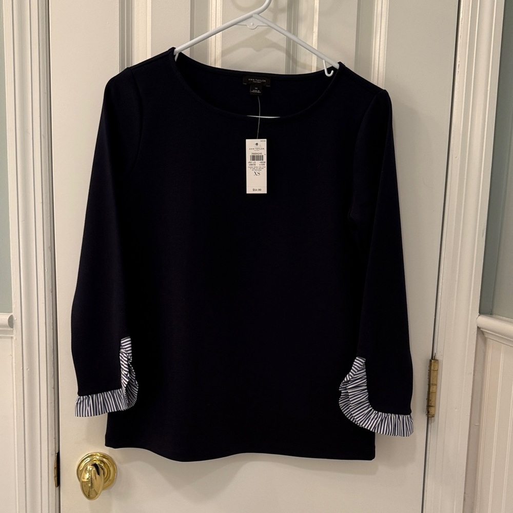 Ann Taylor Navy Long Sleeve Top with Striped Accents